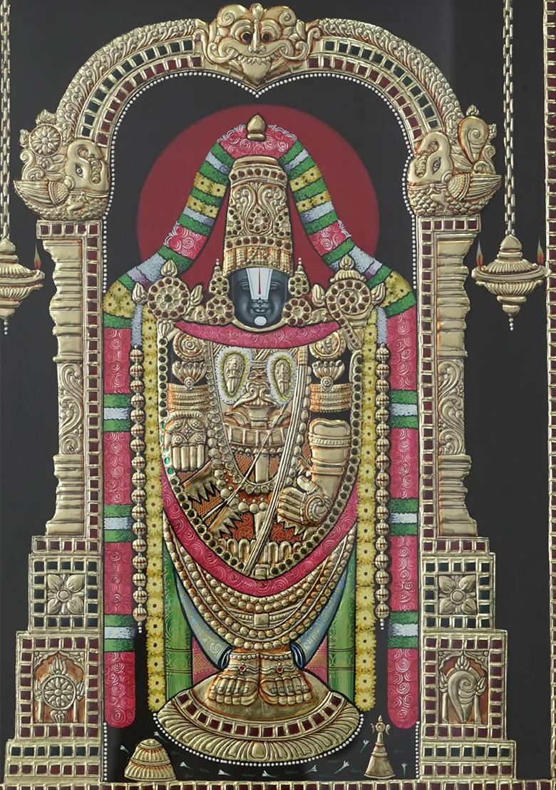 Tanjore Painting Of Lord Tirupati Balaji Inside An Arch With Elegant Frame