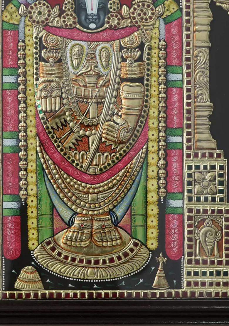 Tanjore Painting Of Lord Tirupati Balaji Inside An Arch With Elegant Frame