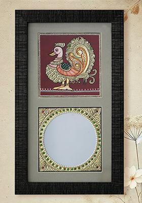 Exquisite Tanjore Painting Of Peacock With Mirror Elegance