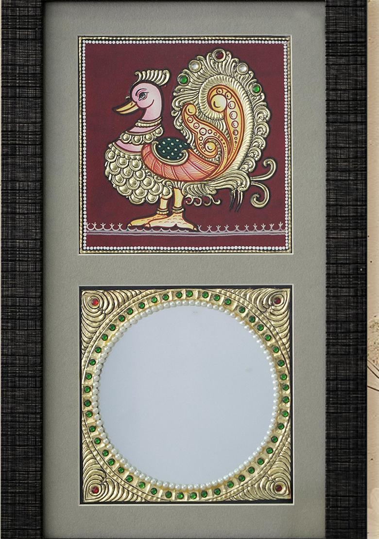 Exquisite Tanjore Painting Of Peacock With Mirror Elegance