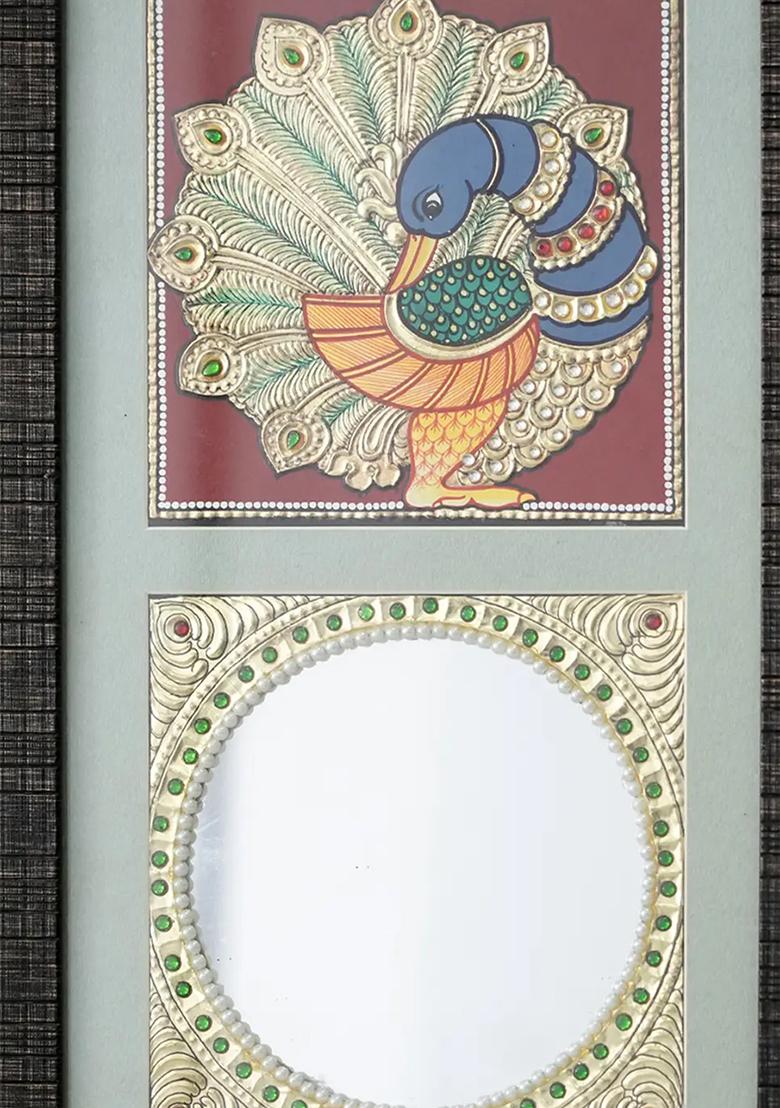 Exquisite Tanjore Painting Of Peacock With Mirror Stone Work Divine Grace