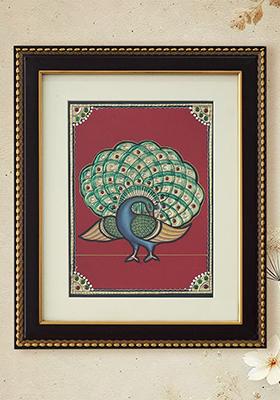 Majestic Peacock With Spread Wings Tanjore Painting Vibrant