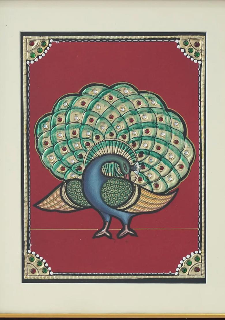 Majestic Peacock With Spread Wings Tanjore Painting Vibrant