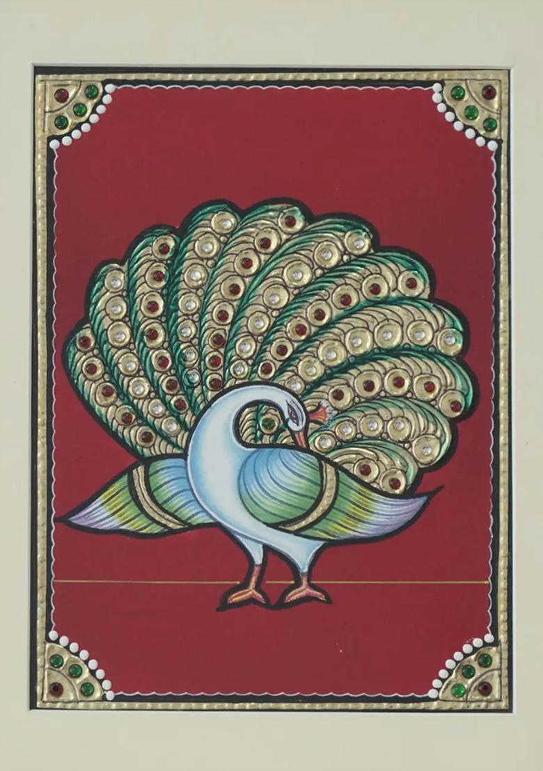 Graceful White Peacock Tanjore Painting With Stone Work Frame Divine Beauty