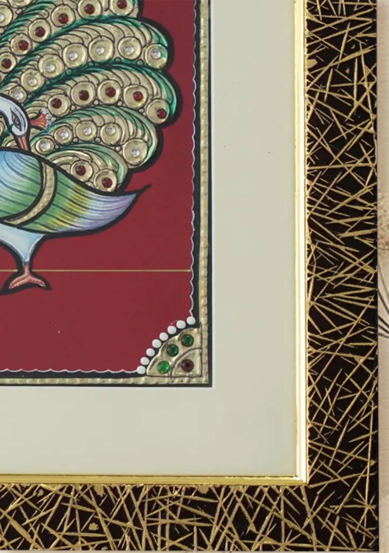 Graceful White Peacock Tanjore Painting With Stone Work Frame Divine Beauty