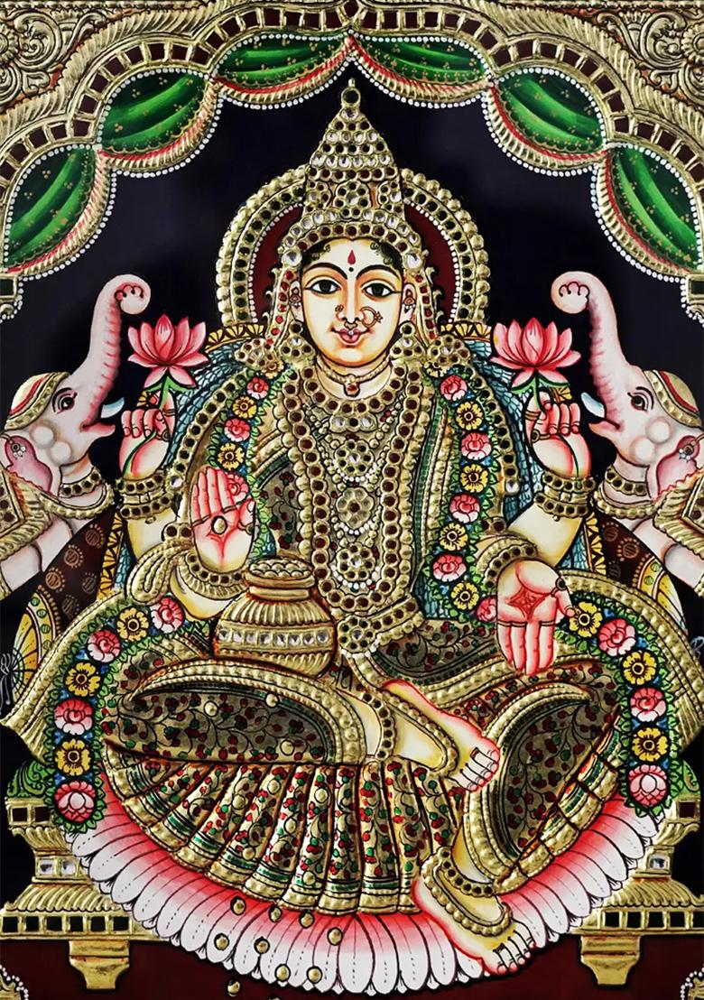 Exquisite Gajalakshmi Tanjore Paintingframed Artwork Of Goddess Lakshmi Showering Wealth