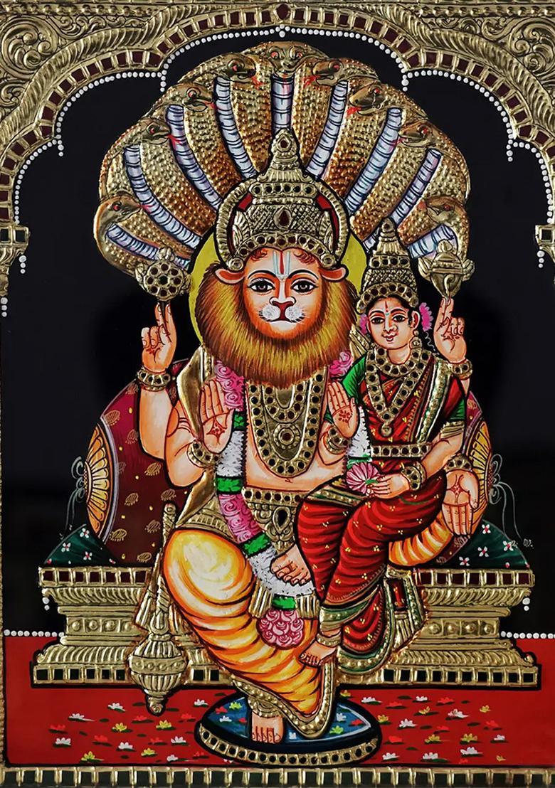 Tanjore Painting Of Lord Narasimha Goddess Lakshmi With Sheshnag