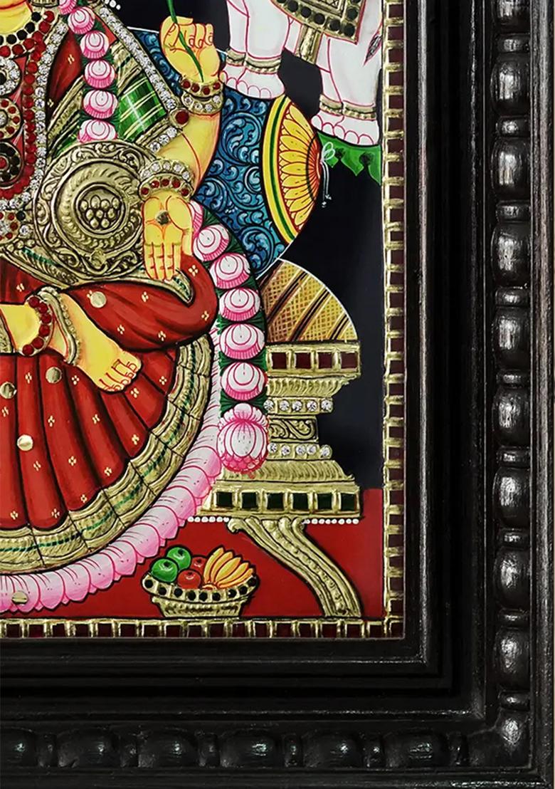 Goddess Lakshmi In Attireframed Tanjore Painting With Divine Elegance