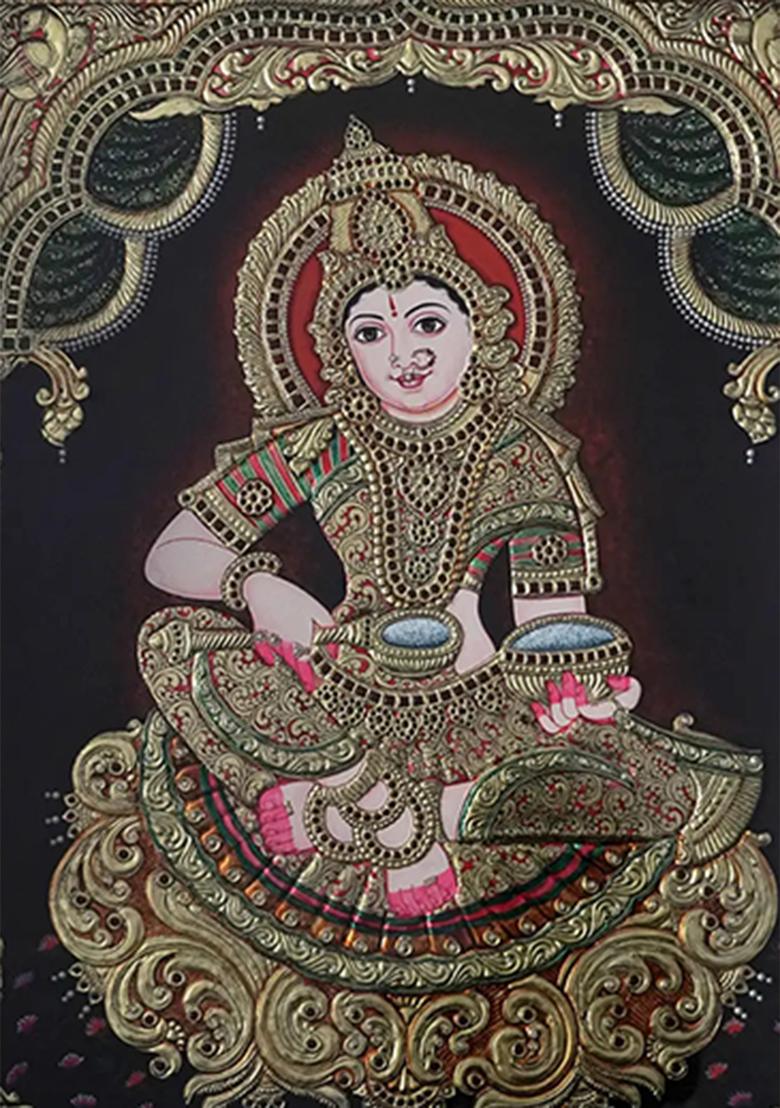 Hindu Goddess Annapurna In Mandapam Frame Tanjore Painting Of Divine Nourishment