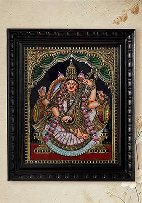 Goddess Saraswati With Lotus Garlanddivine Tanjore Painting Of Wisdom Music