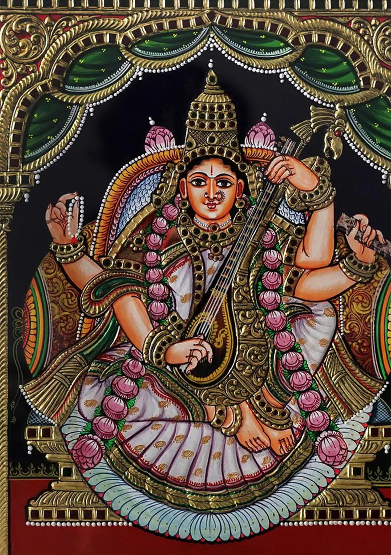 Goddess Saraswati With Lotus Garlanddivine Tanjore Painting Of Wisdom Music