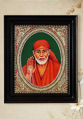 Sai Baba Showering Blessingsframed Tanjore Painting