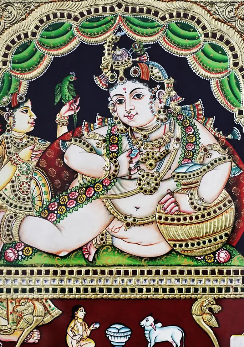 Bal Krishna Enjoying Butterframed Tanjore Painting