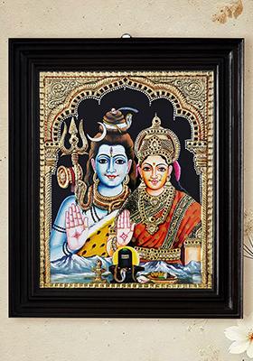 Lord Shiva Goddess Parvati Giving Blessings Framed Tanjore Painting