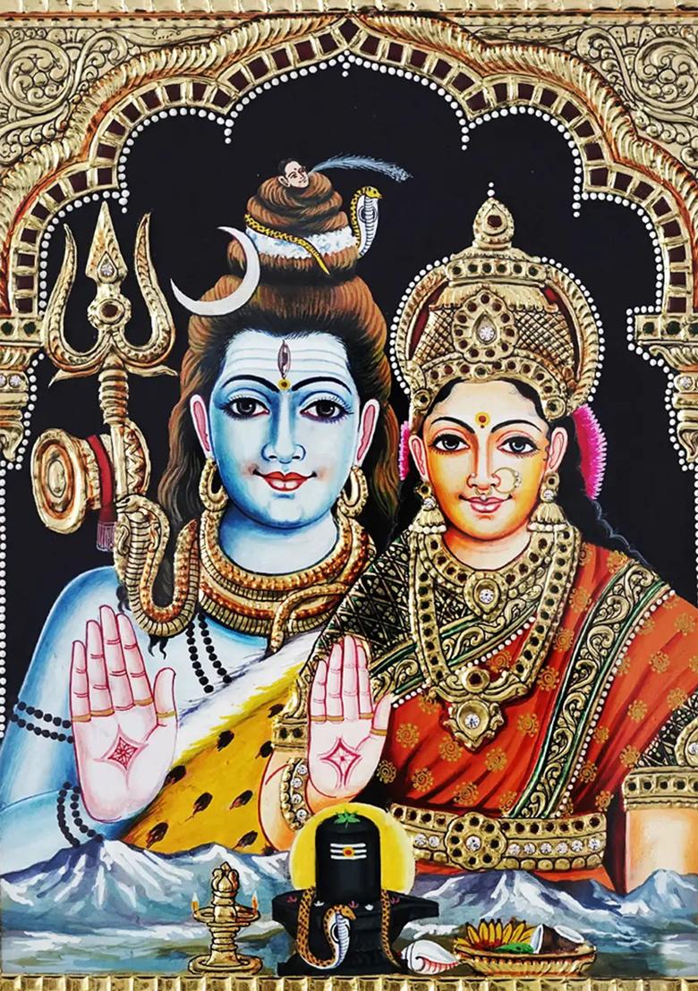 Lord Shiva Goddess Parvati Giving Blessings Framed Tanjore Painting