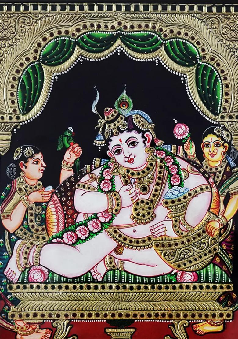 Butter Krishna With Apsaras Tanjore Painting Divine