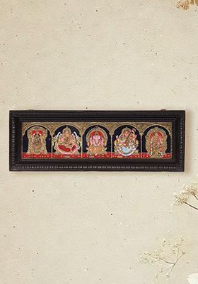 Ganesha With Lakshmi Saraswati Tanjore Painting Divine