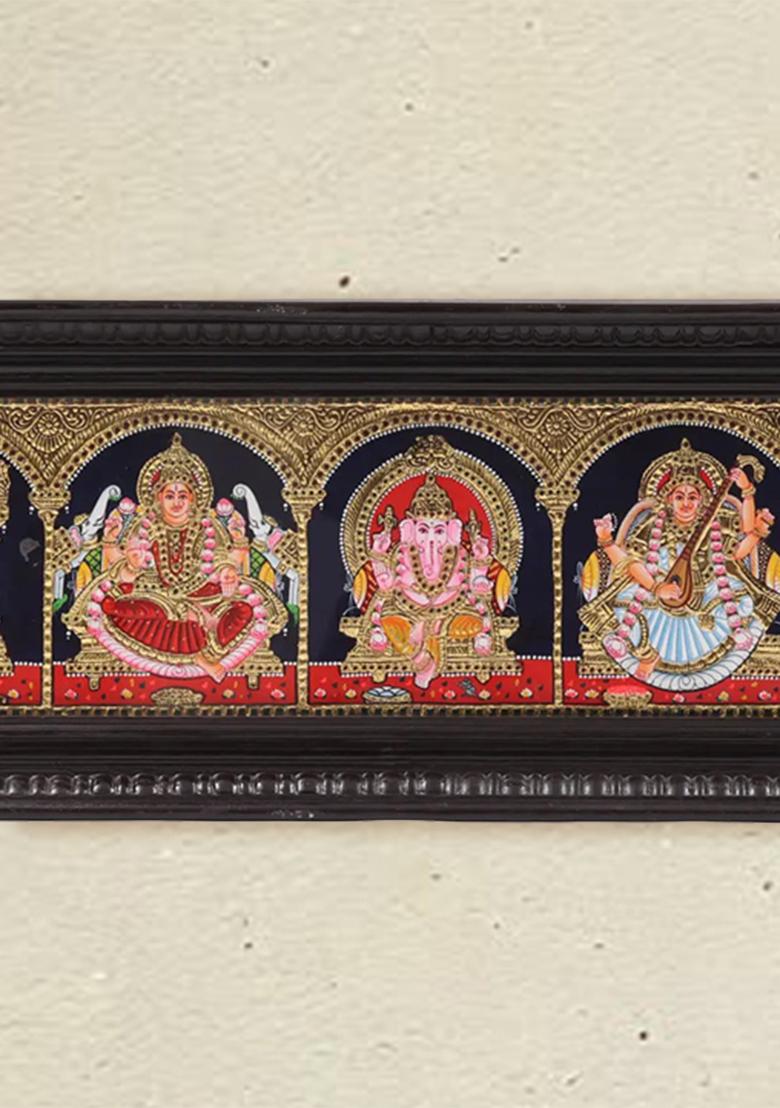 Ganesha With Lakshmi Saraswati Tanjore Painting Divine