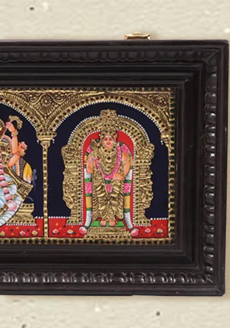 Ganesha With Lakshmi Saraswati Tanjore Painting Divine