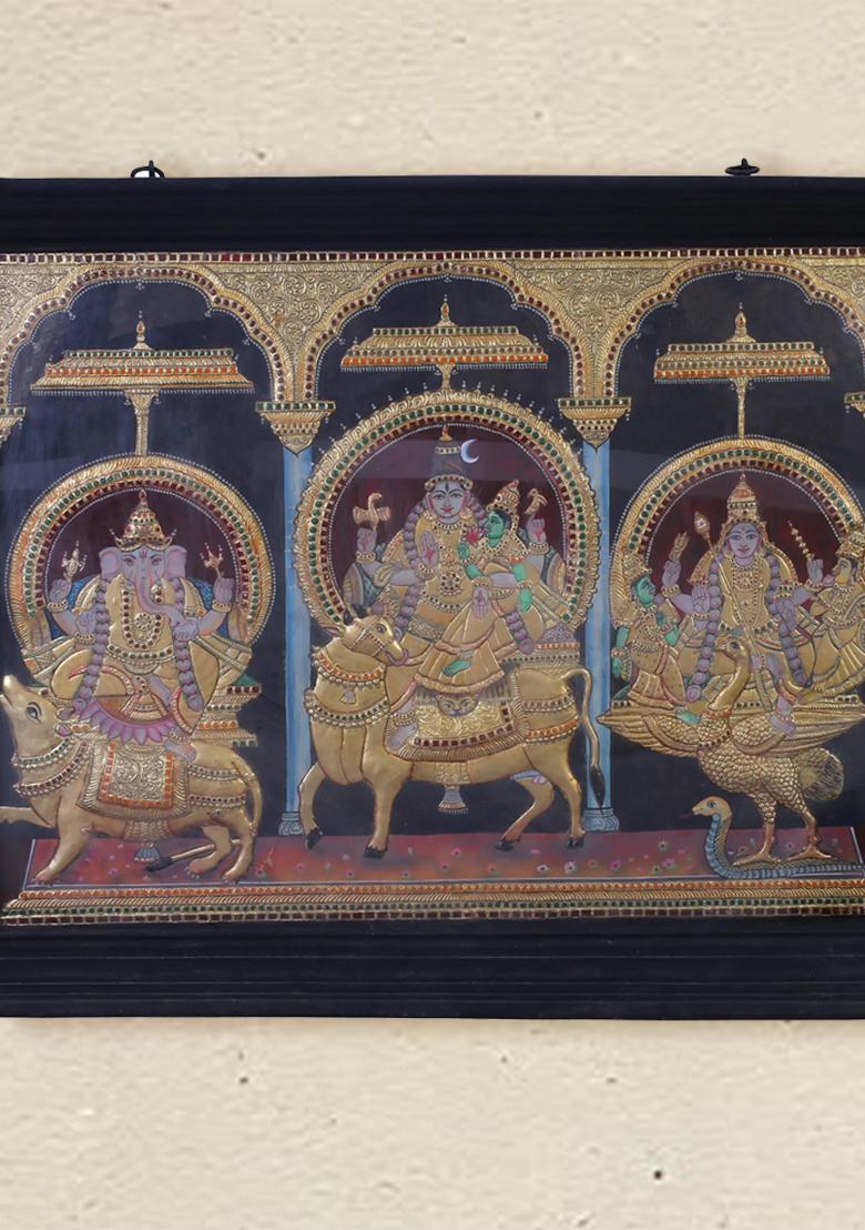 Shiva Family Seated On Their Respective Vahanas Tanjore Painting