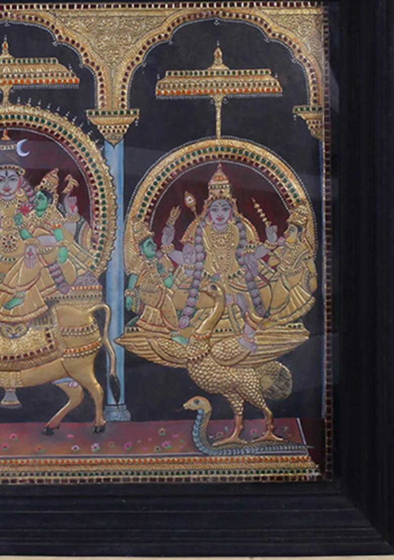 Shiva Family Seated On Their Respective Vahanas Tanjore Painting