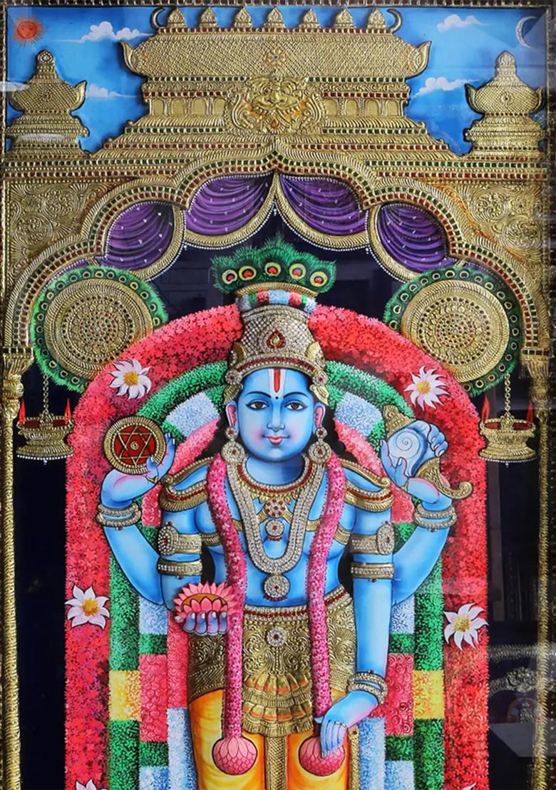 Lord Guruvayurappandivine Tanjore Painting With Frame