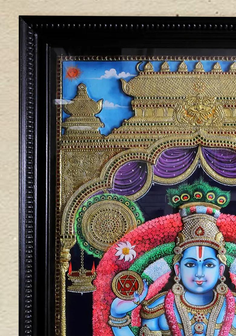 Lord Guruvayurappandivine Tanjore Painting With Frame