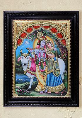 Radha Krishna Tanjore Painting With Cow Thanjavur Work