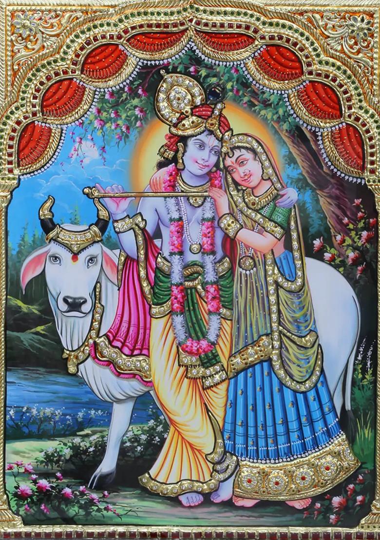 Radha Krishna Tanjore Painting With Cow Thanjavur Work