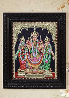 Standing Lord Murugan Tanjore Painting With Devasena Valli