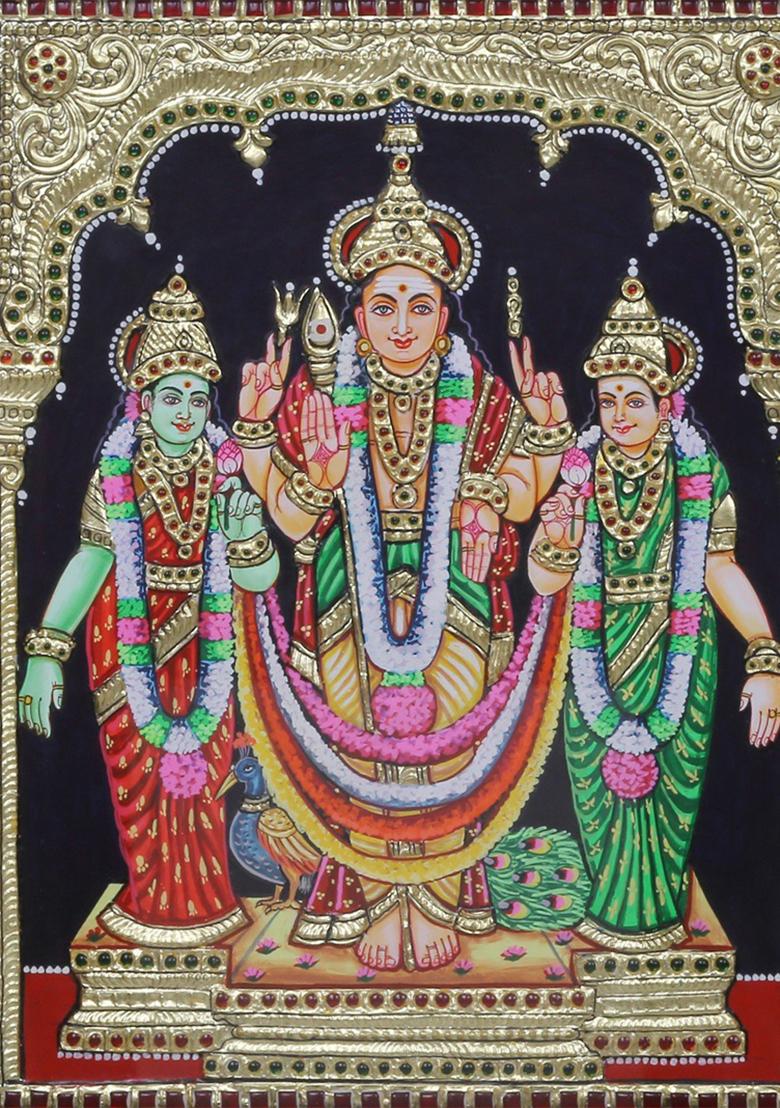 Standing Lord Murugan Tanjore Painting With Devasena Valli