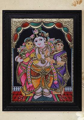 Lord Krishna With Satyabhama And Rukmini Tanjore Painting