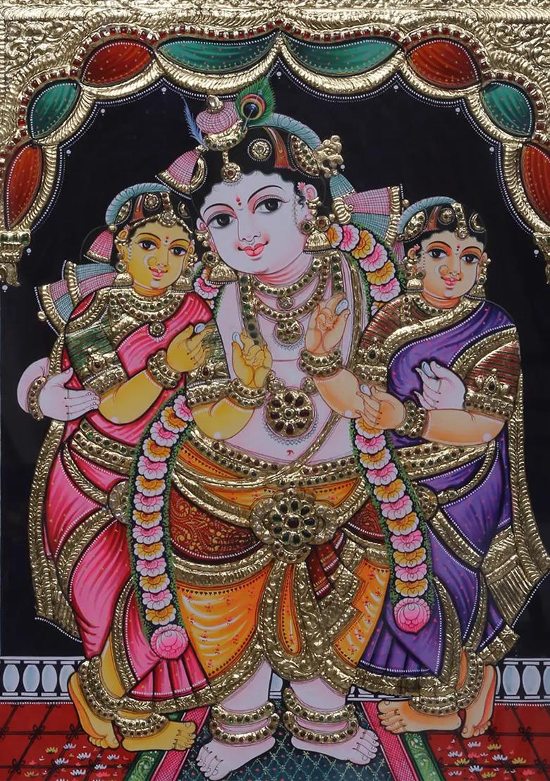 Lord Krishna With Satyabhama And Rukmini Tanjore Painting