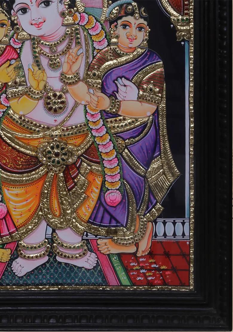 Lord Krishna With Satyabhama And Rukmini Tanjore Painting