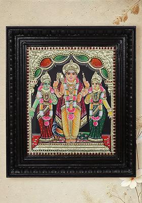 Lord Murugan With Devsena Valli Tanjore Painting South Indian Art