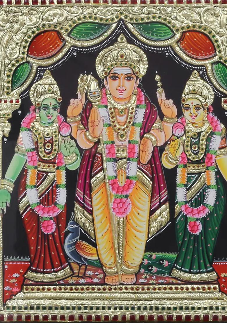 Lord Murugan With Devsena Valli Tanjore Painting South Indian Art