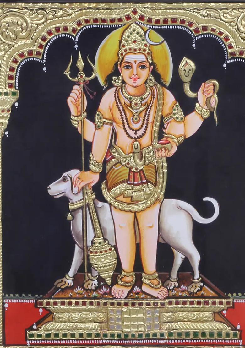 Tanjore Painting Of Lord Bhairava With His Divine Dog