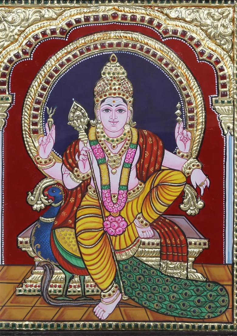 Sitting Lord Kartikeya Tanjore Painting