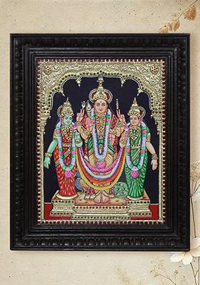 Standing Lord Kartikeya Tanjore Painting With Devsena Valli South Indian Artwork
