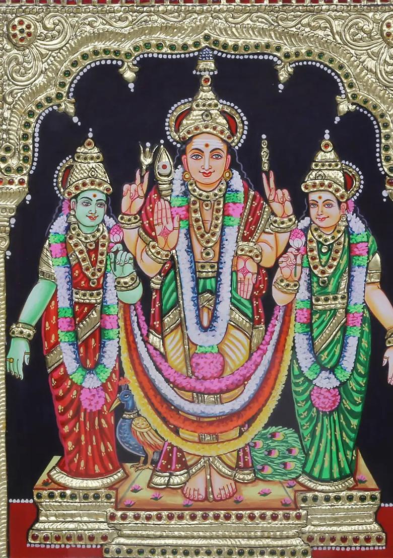 Standing Lord Kartikeya Tanjore Painting With Devsena Valli South Indian Artwork