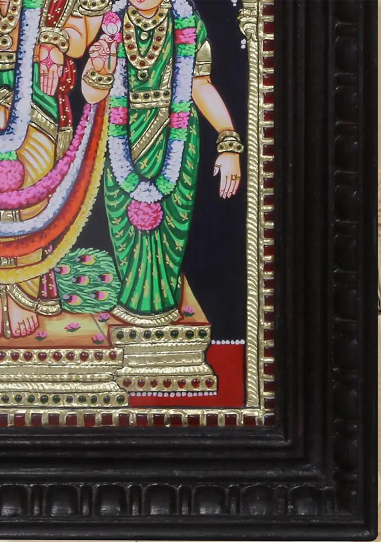 Standing Lord Kartikeya Tanjore Painting With Devsena Valli South Indian Artwork