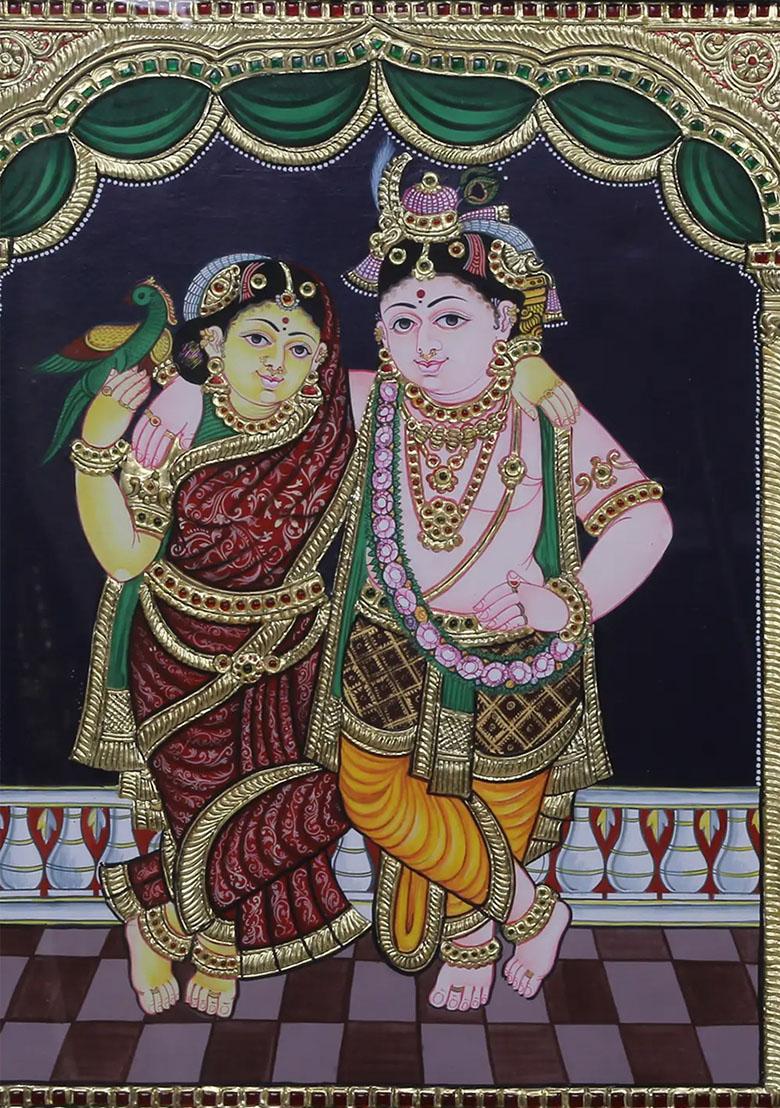 Standing Lord Krishna Rukmini Tanjore Painting