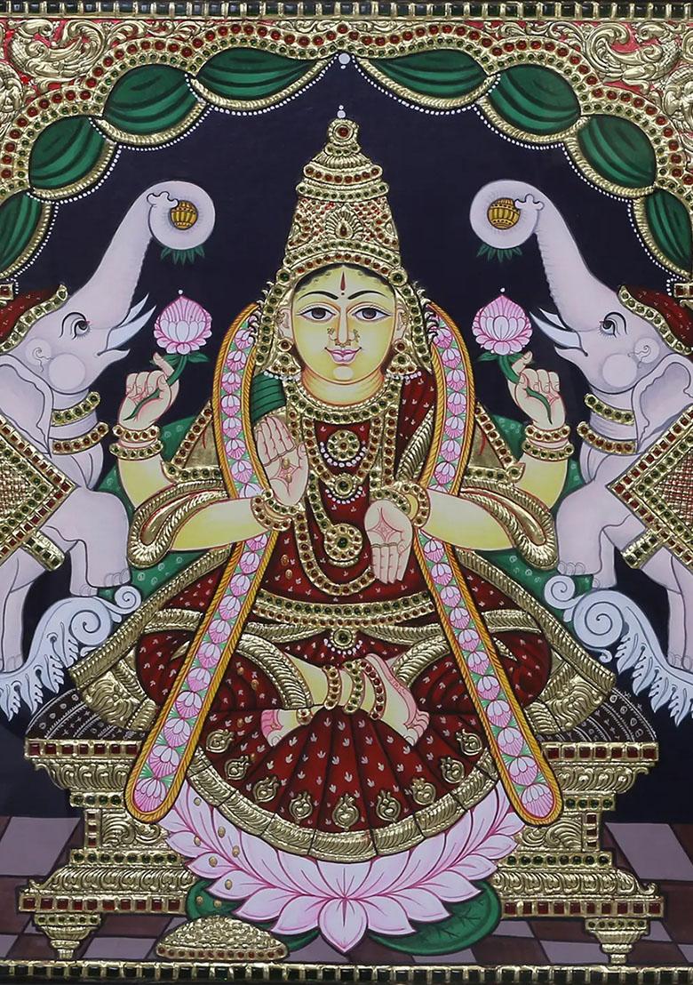 Four Handed Goddess Gajalakshmi Tanjore Painting
