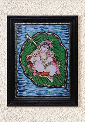 Lord Bala Krishna On Leaf Tanjore Painting