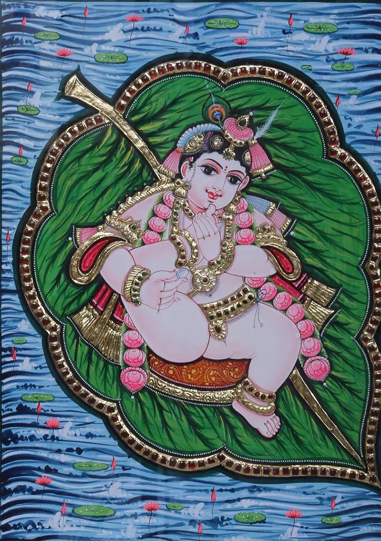 Lord Bala Krishna On Leaf Tanjore Painting