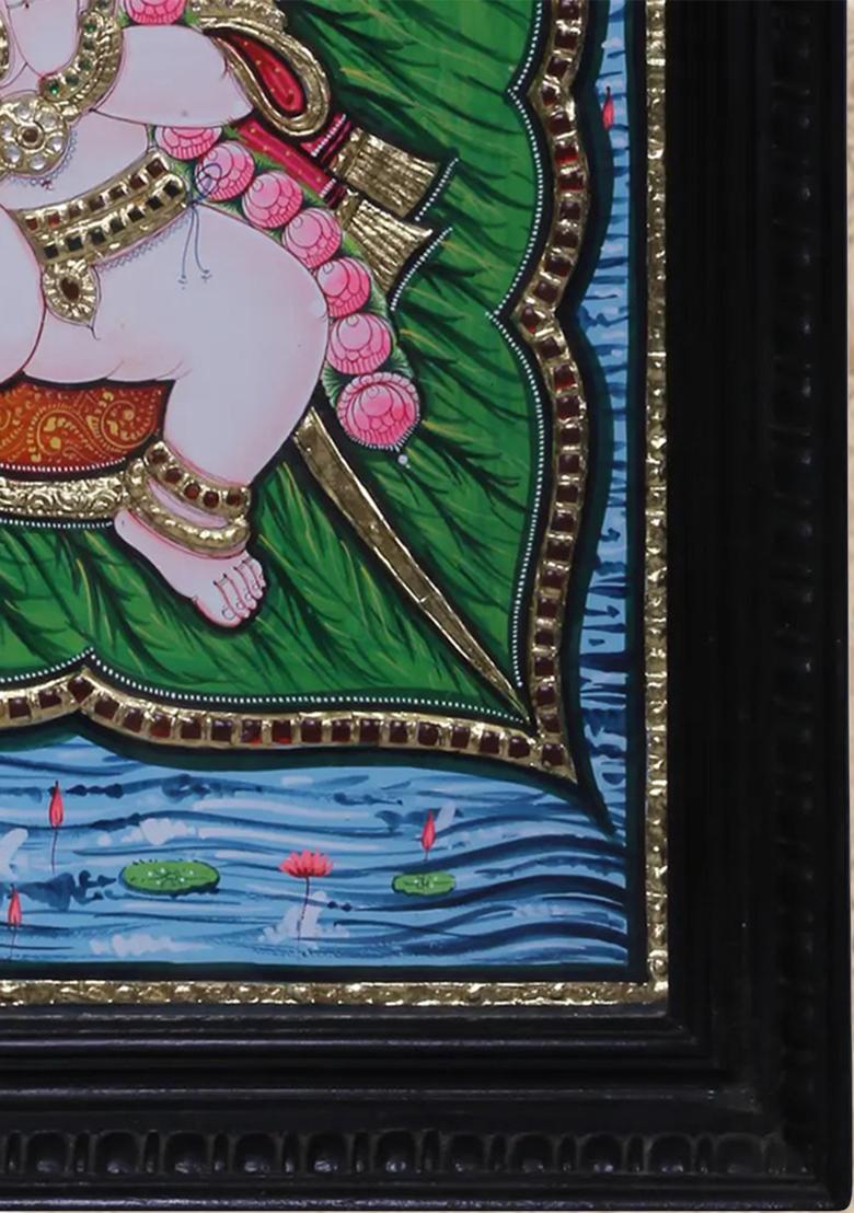 Lord Bala Krishna On Leaf Tanjore Painting