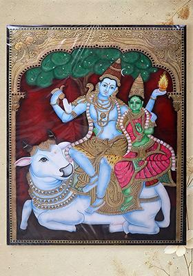 Lord Shiva And Goddess Parvati On Nandi Tanjore Painting 24K Gold