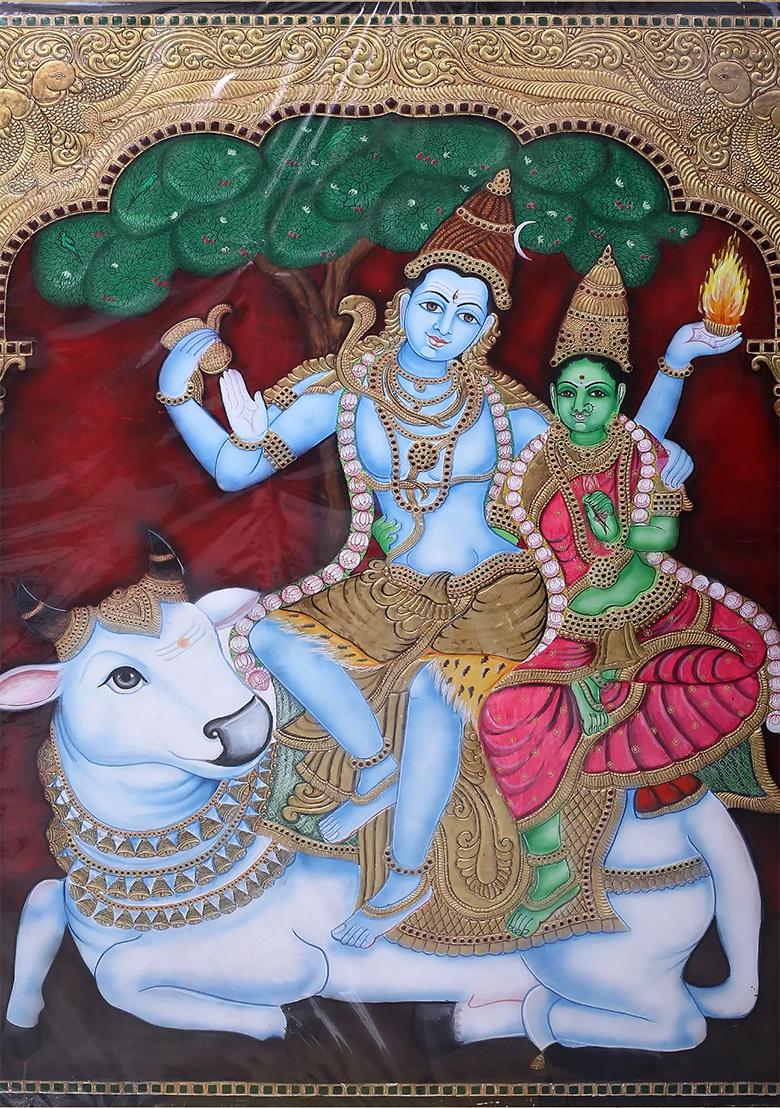 Lord Shiva And Goddess Parvati On Nandi Tanjore Painting 24K Gold