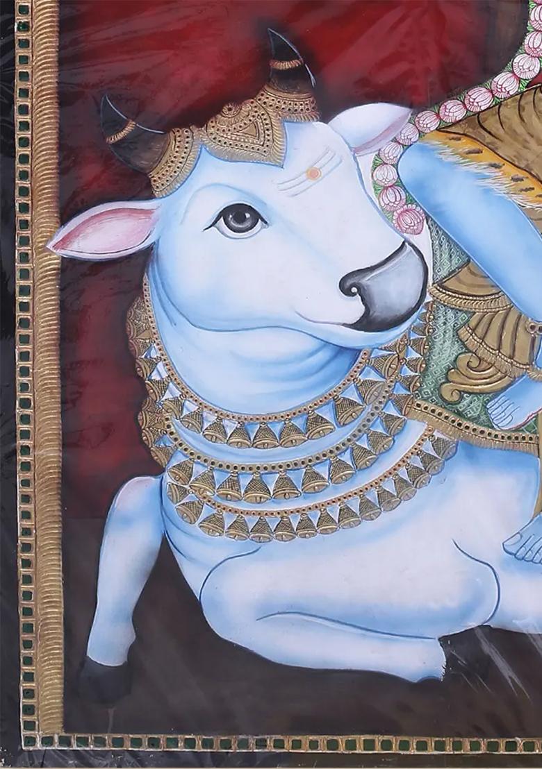 Lord Shiva And Goddess Parvati On Nandi Tanjore Painting 24K Gold