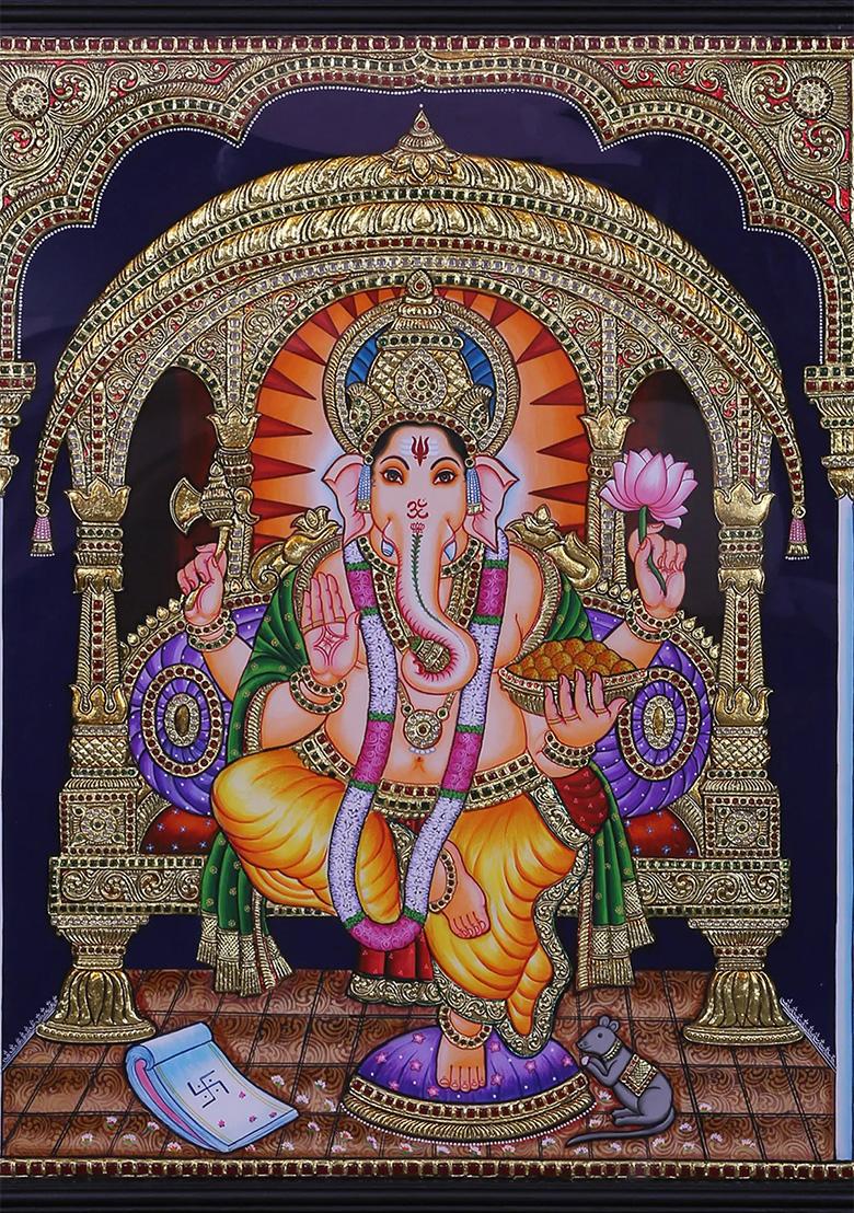 Lord Ganesha Seated Tanjore Painting 24K Gold